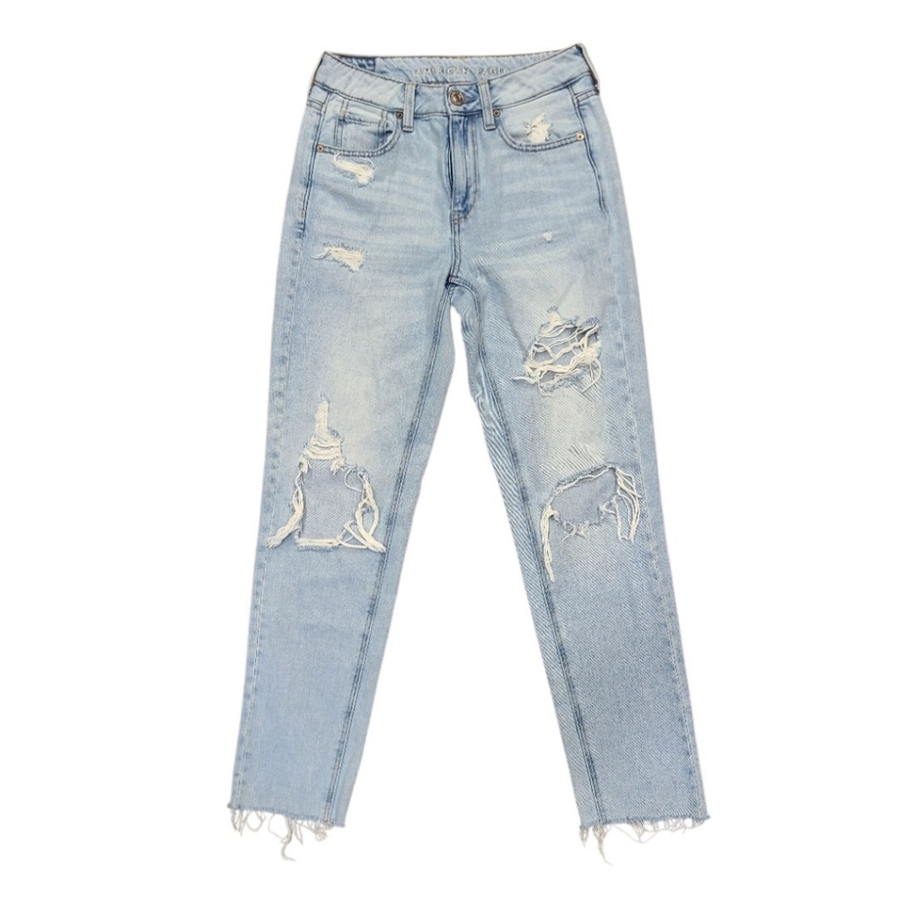 American Eagle Hi-Rise Tomgirl Distressed Light Wash Straight Leg Jeans 2 - Picture 16 of 16
